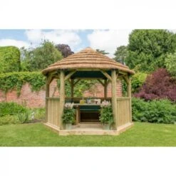 Forest Garden 3.6m Hexagonal Wooden Garden Gazebo With Thatched Roof – Furnished (Green) - Home Delivery & Installation