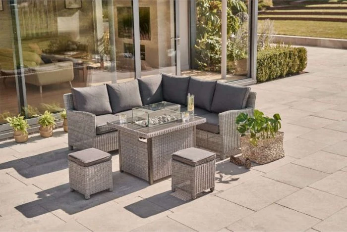 Kettler Palma Mini Corner Seating With Firepit Table (Whitewash With Grey Taupe Cushions)